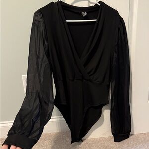 SHEIN Black Wrap Bodysuit with Sheer Sleeves